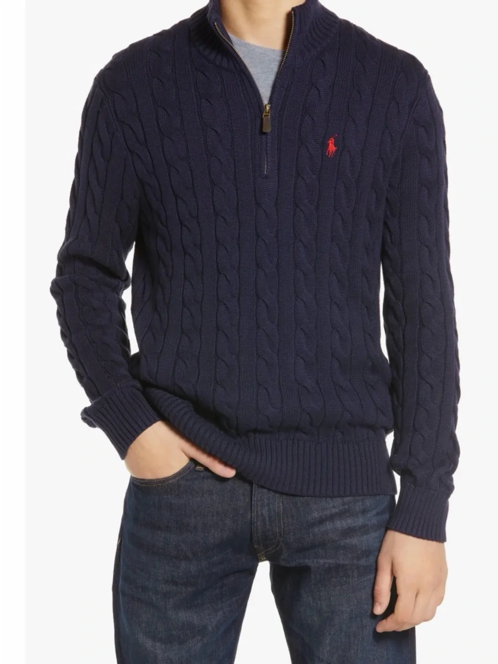 Polo Ralph Lauren Men’s Cable Knit Cotton Quarter Zip Pullover Sweater navy blue